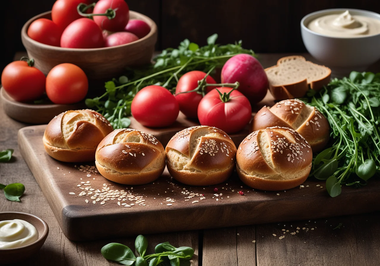 Bread rolls with sour cream, tomatoes, radishes and arugula