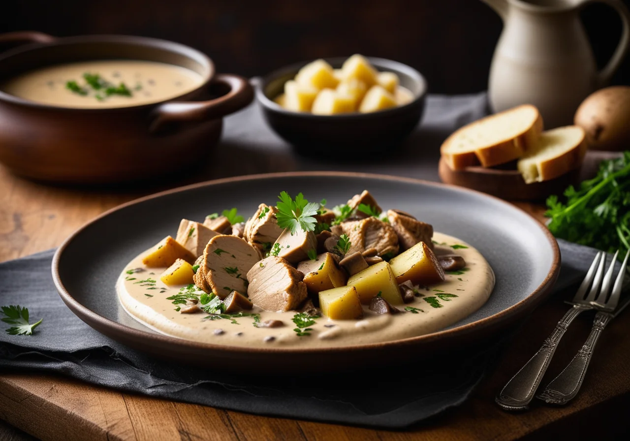 Chicken with Mushroom White Wine Sauce and Onions