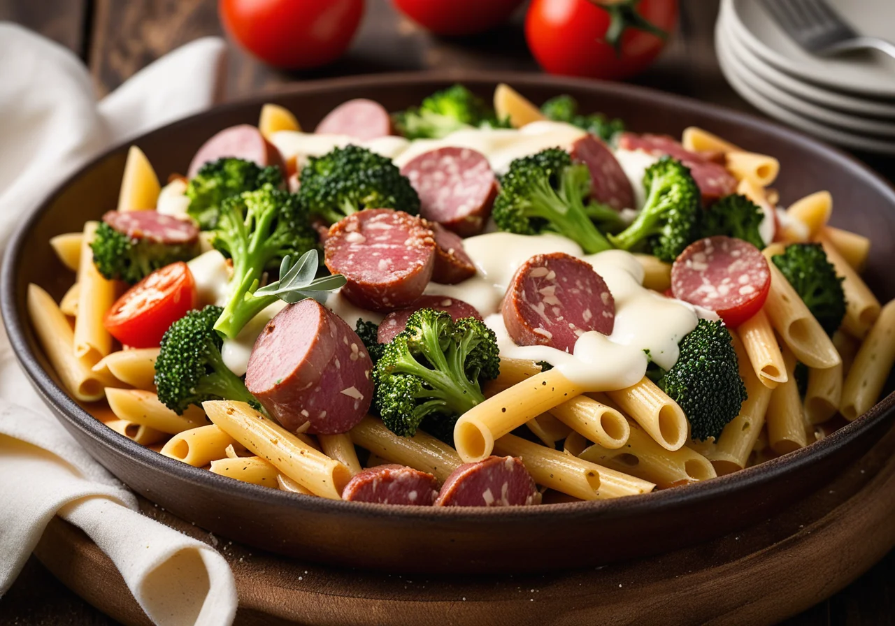Baked Pasta with Broccoli, Cheese and Sausages
