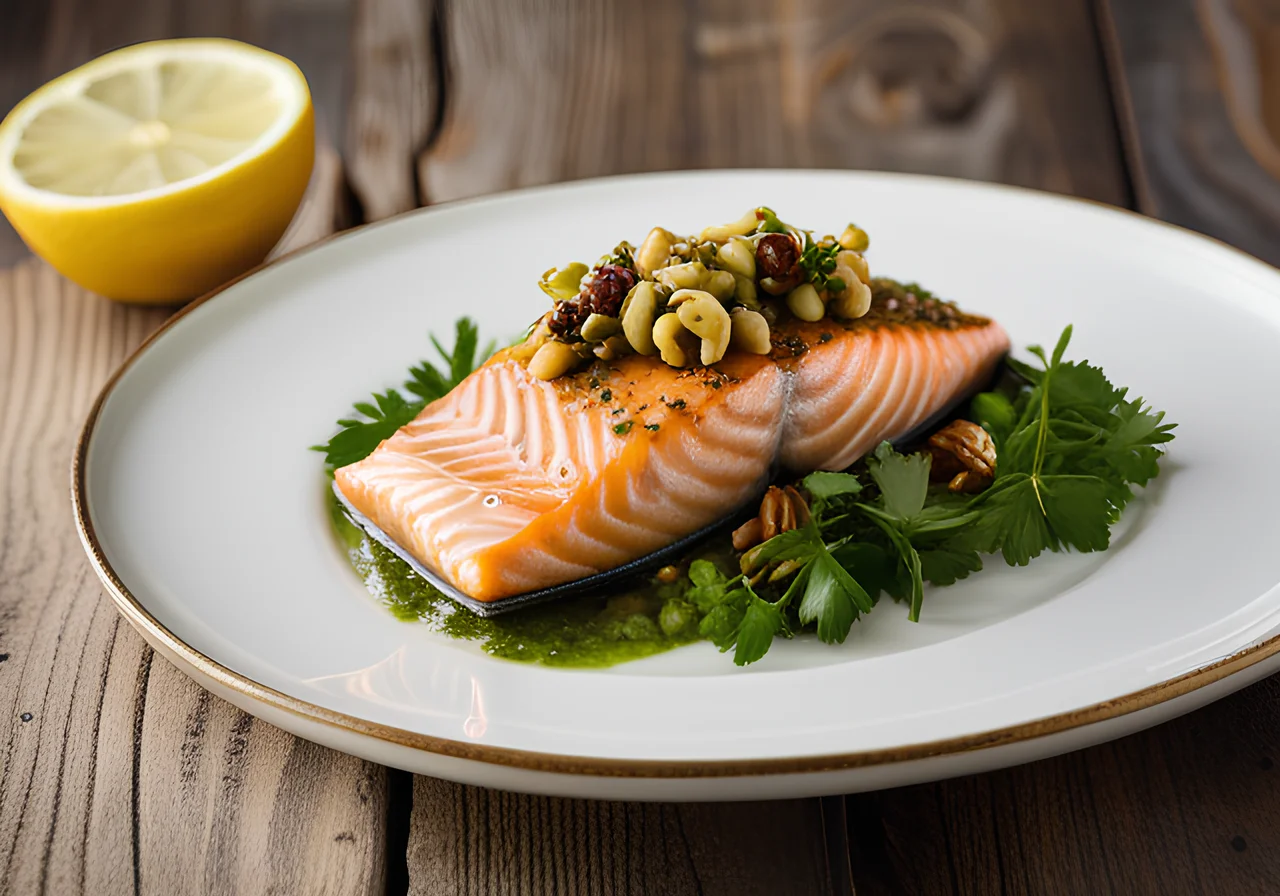 Salmon with Herb Walnut Salsa