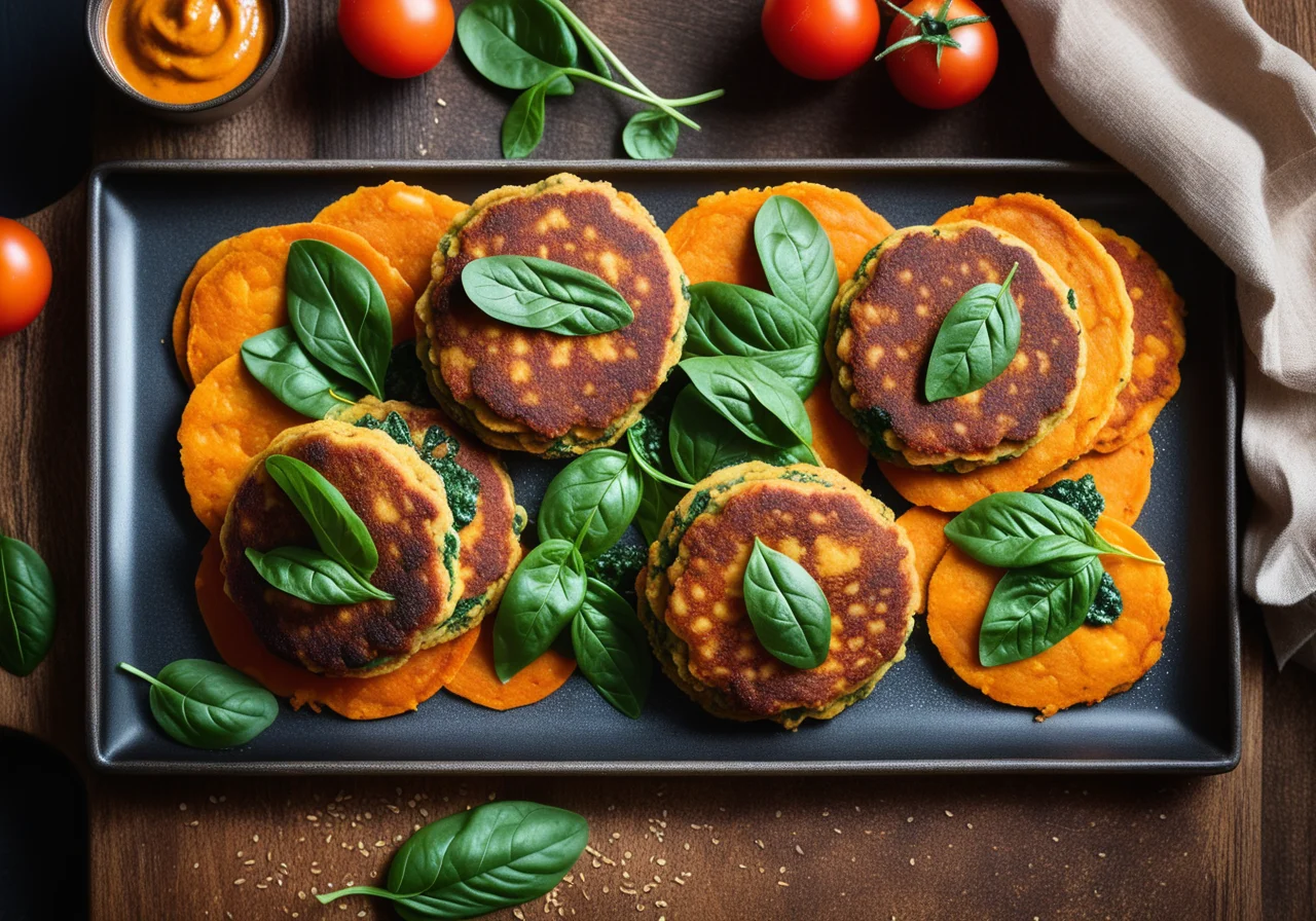 Chickpea Patties and Carrot-Spinach Pancakes with Tomato Sauce
