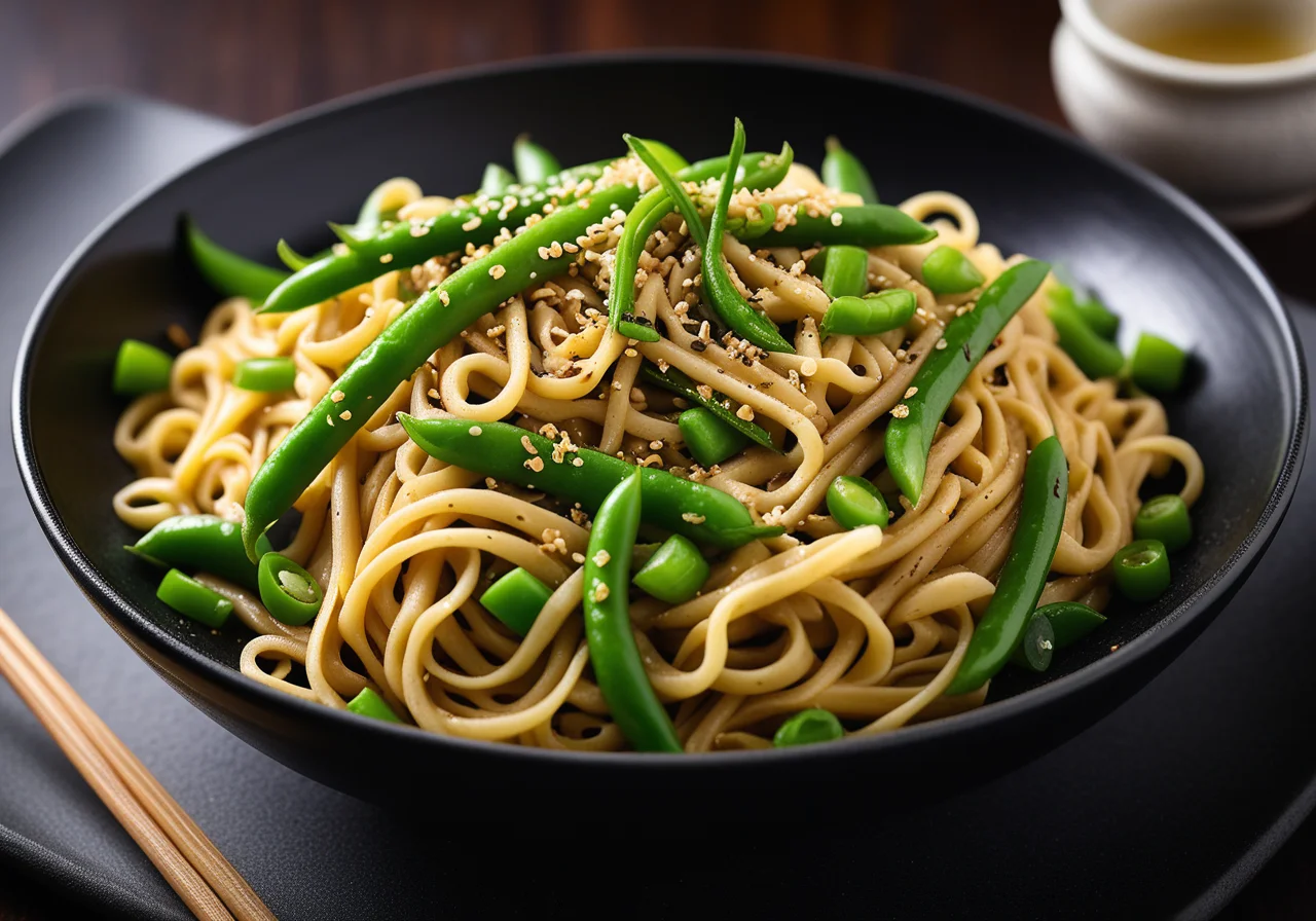 Nudeln mit Quorn (Fleischersatz) und Zuckerschoten