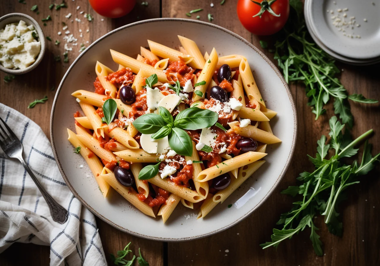 Penne with Cheese, Tomatoes and Arugula