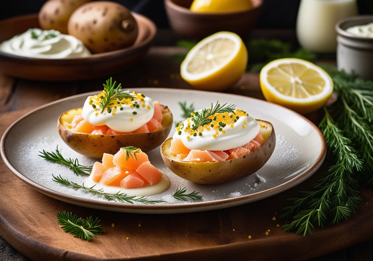 Oven-baked potatoes in salt with sour cream and caviar