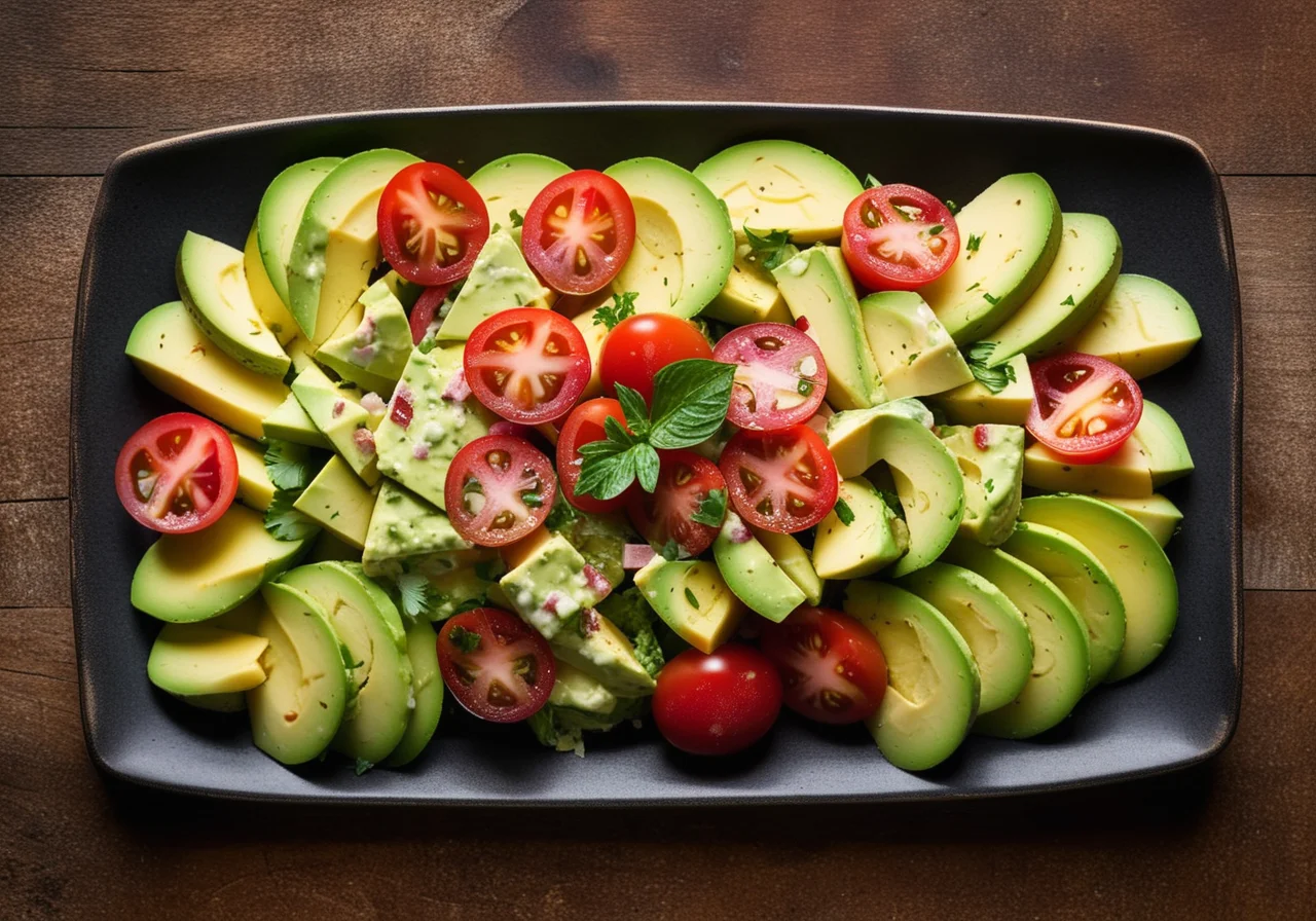 Colorful potato salad with avocado and salami