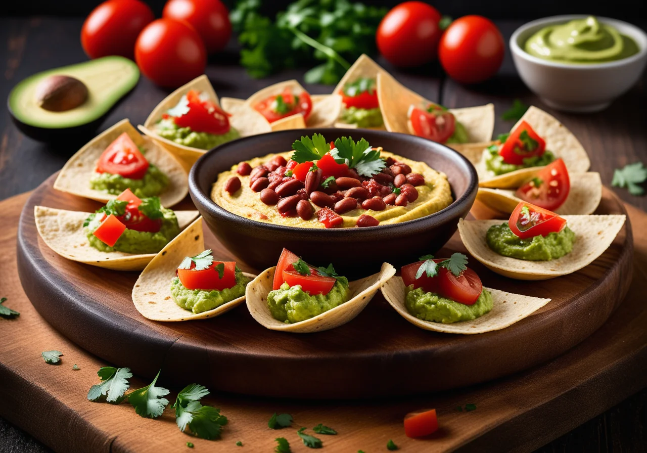 Tortilla Bites with Bean Cream, Avocado Purée and Salsa