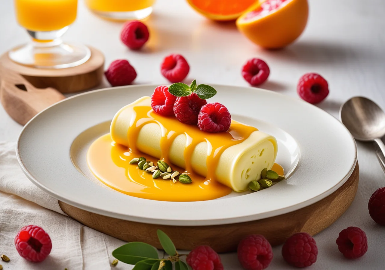 Quark Cream with Saffron Cannelloni and Citrus Fruit Salad