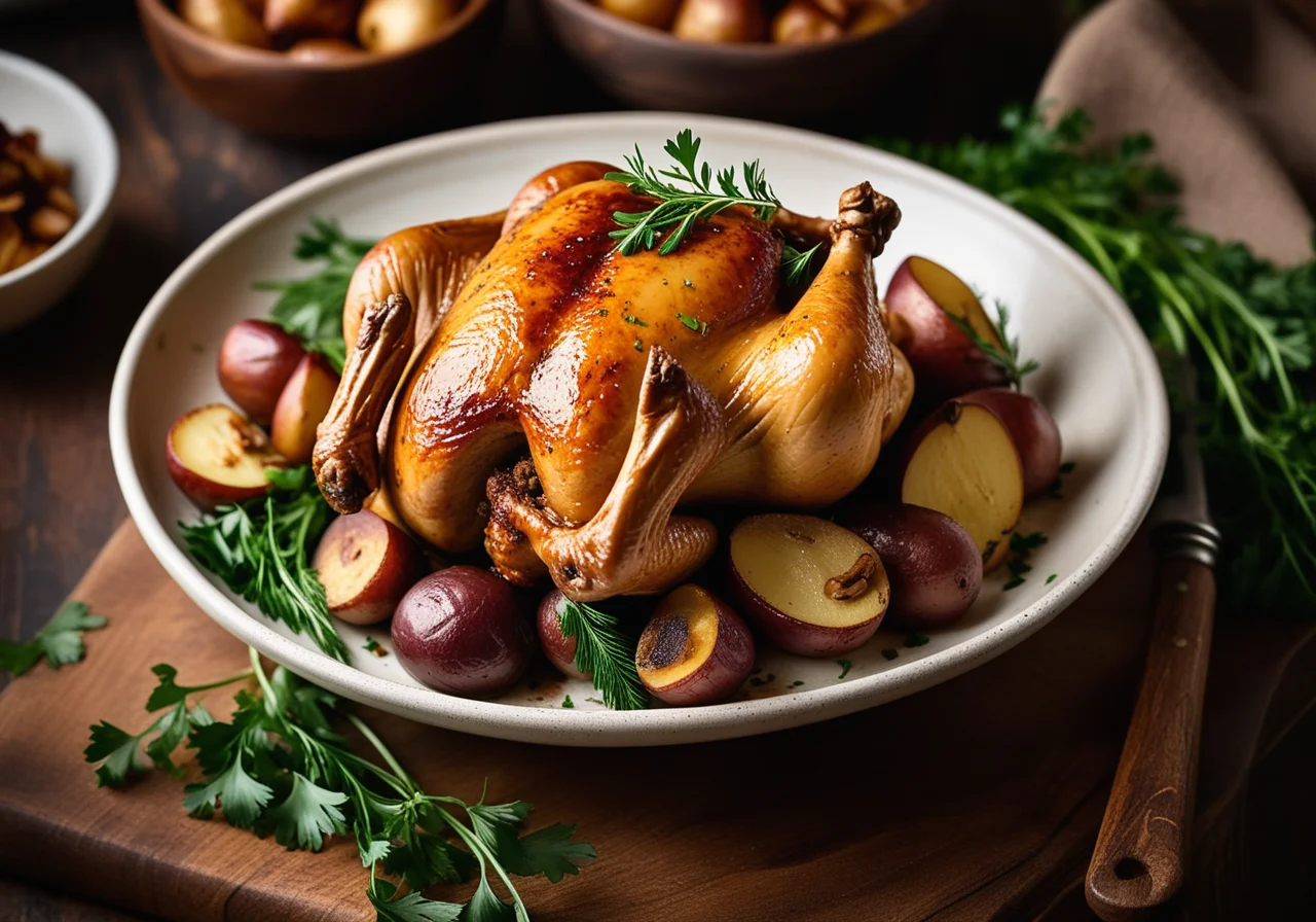 Drumsticks with Baked Potatoes and Chanterelles