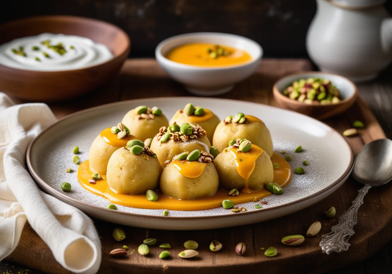 Sweet Potato Dumplings with Pistachios and Vanilla Sauce