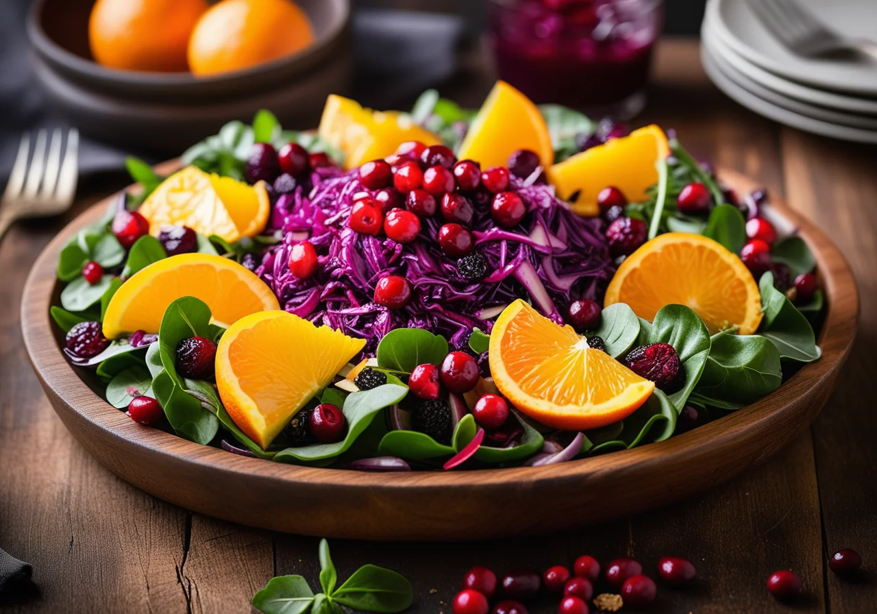 Orange Red Cabbage Salad with Cranberries and Duchess Fries with Poppy Seeds
