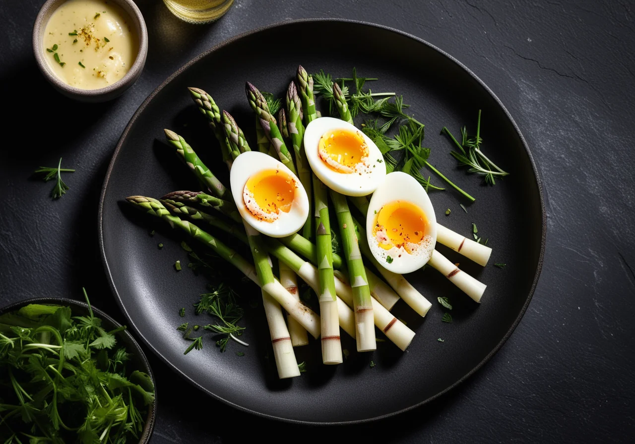 White Asparagus with Egg Vinaigrette and Marinated Saibling