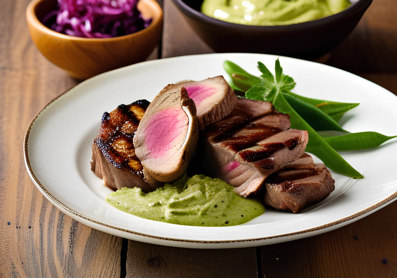 Grilled Lamb Thigh Steaks with Chili Avocado Dip