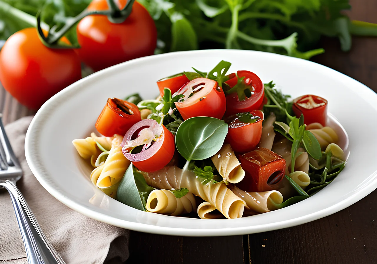 Spicy Pasta Salad with Tomato, Capers and Arugula