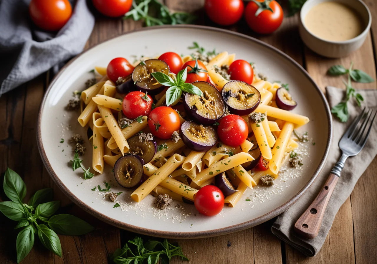 Pasta with Dried Tomatoes, Eggplant and Capers