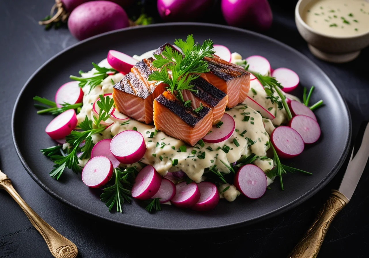 Sea trout with Purple Potato Salad and Radish Vegetables