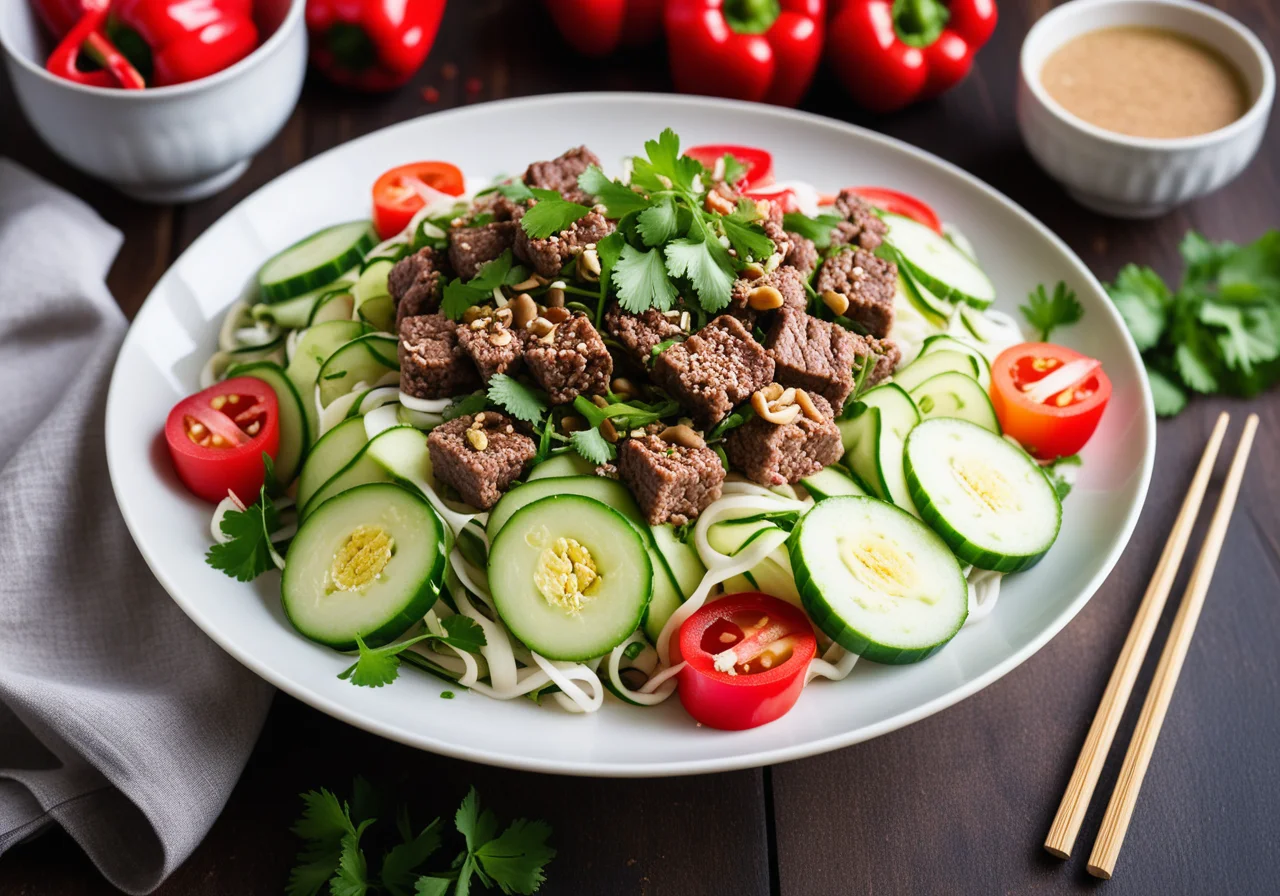 Rice Noodle Ground Beef Salad with Nuts and Sprouts