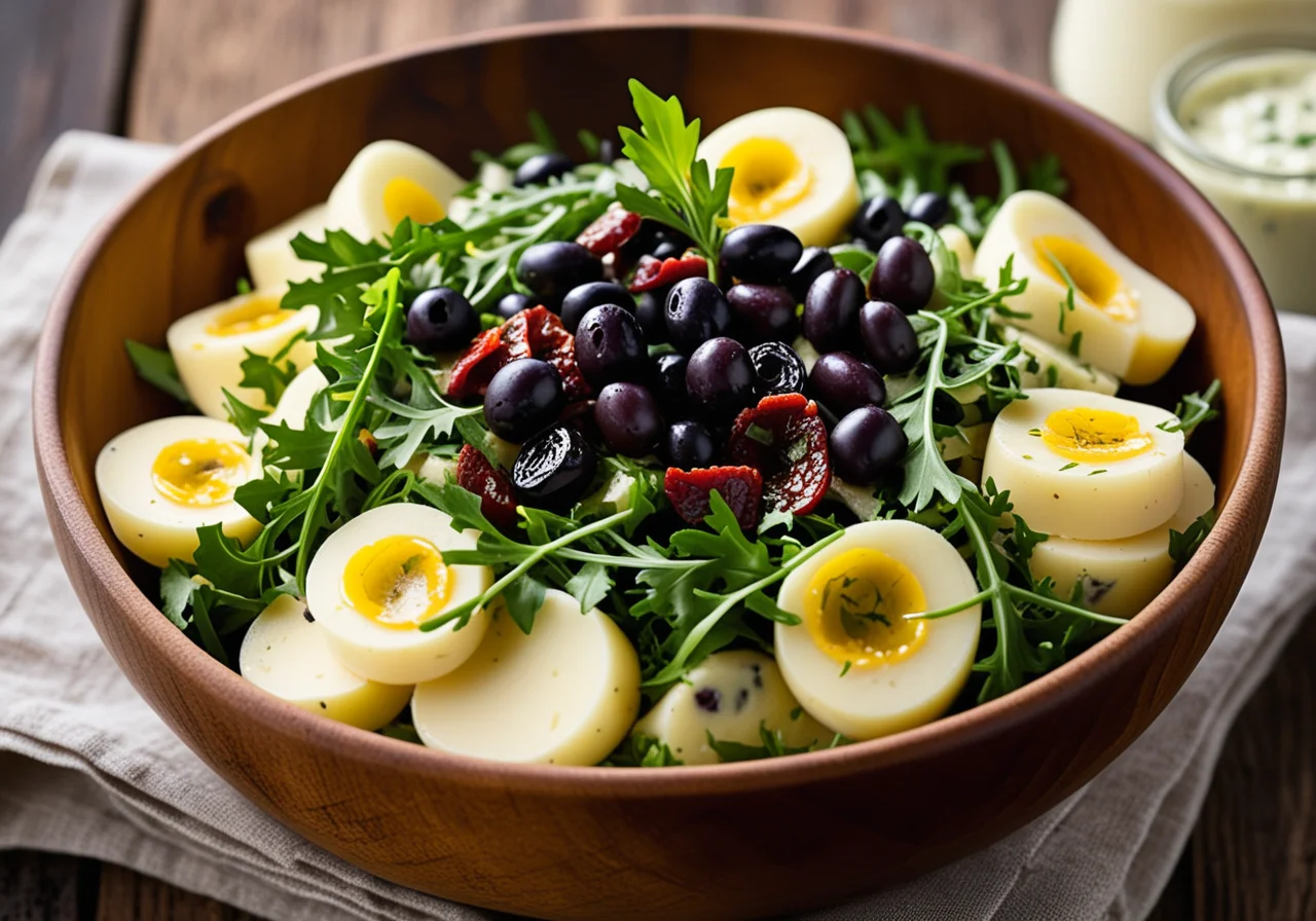 Colorful Potato Salad with Dried Tomatoes, Arugula and Olives