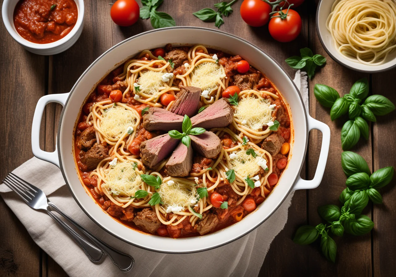 Lamb Casserole with Feta, Spaghetti Nest, and Tomato Sauce