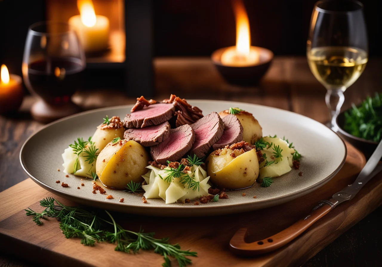 Potato Dumplings with Pears, Savoy Cabbage, and Beef