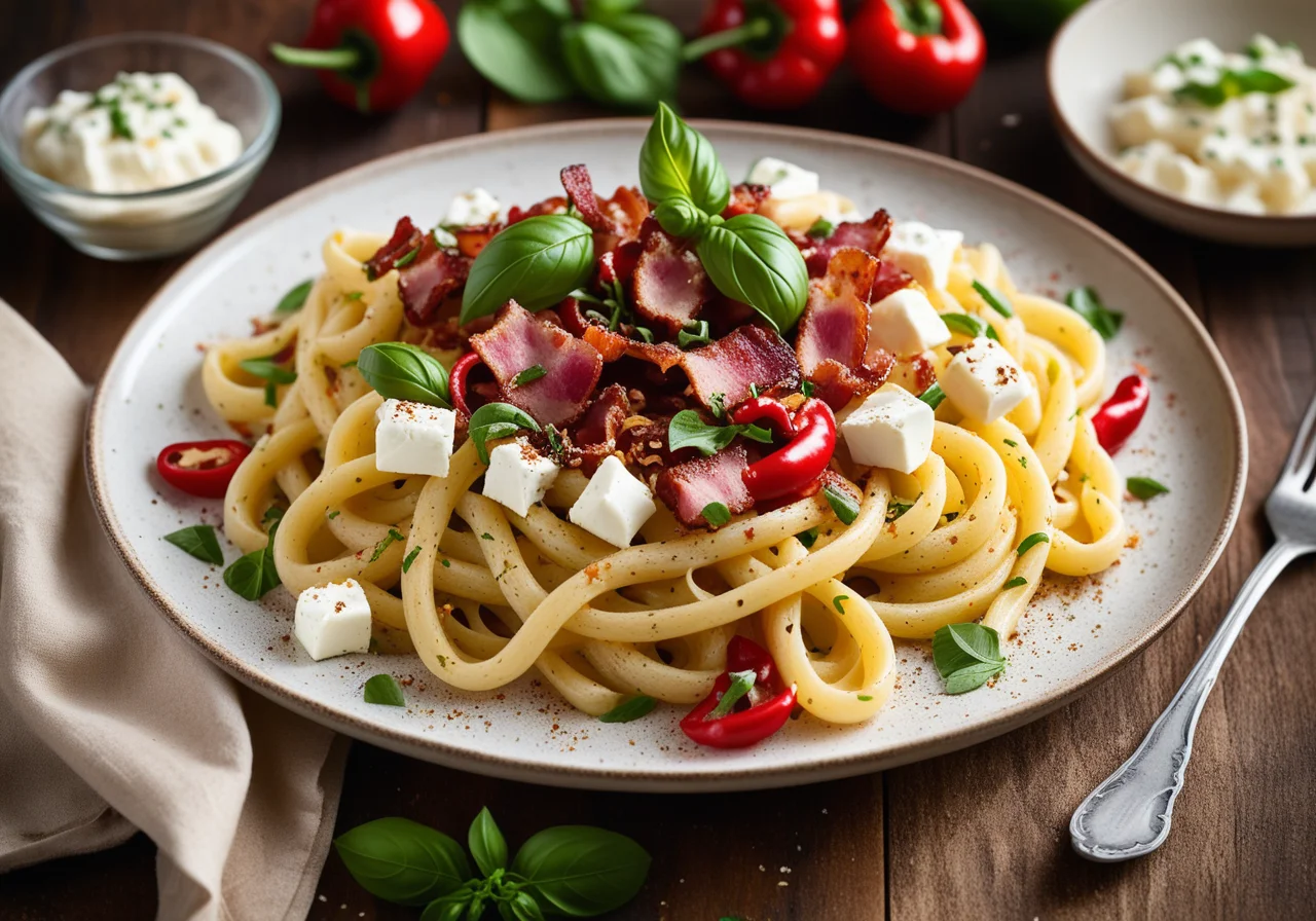 Pasta with Goat Cheese, Bacon and Chili