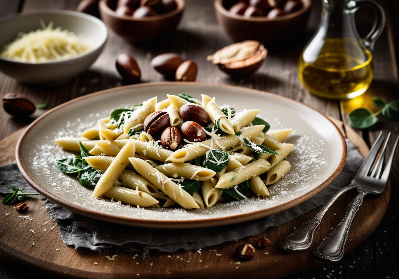 Penne with Spinach, Chestnuts and Bacon