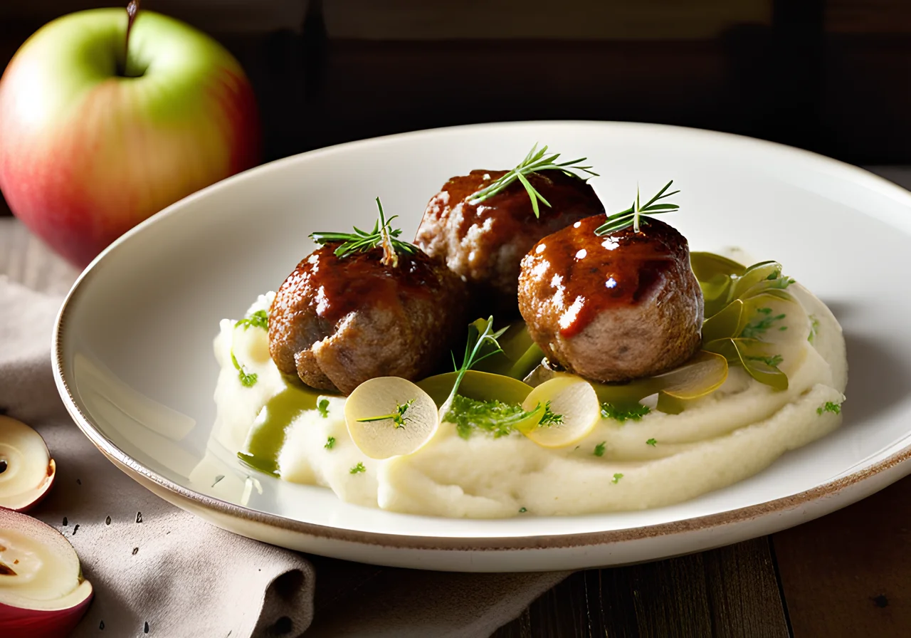 Meatballs on Mashed Potatoes with Apple and Greens