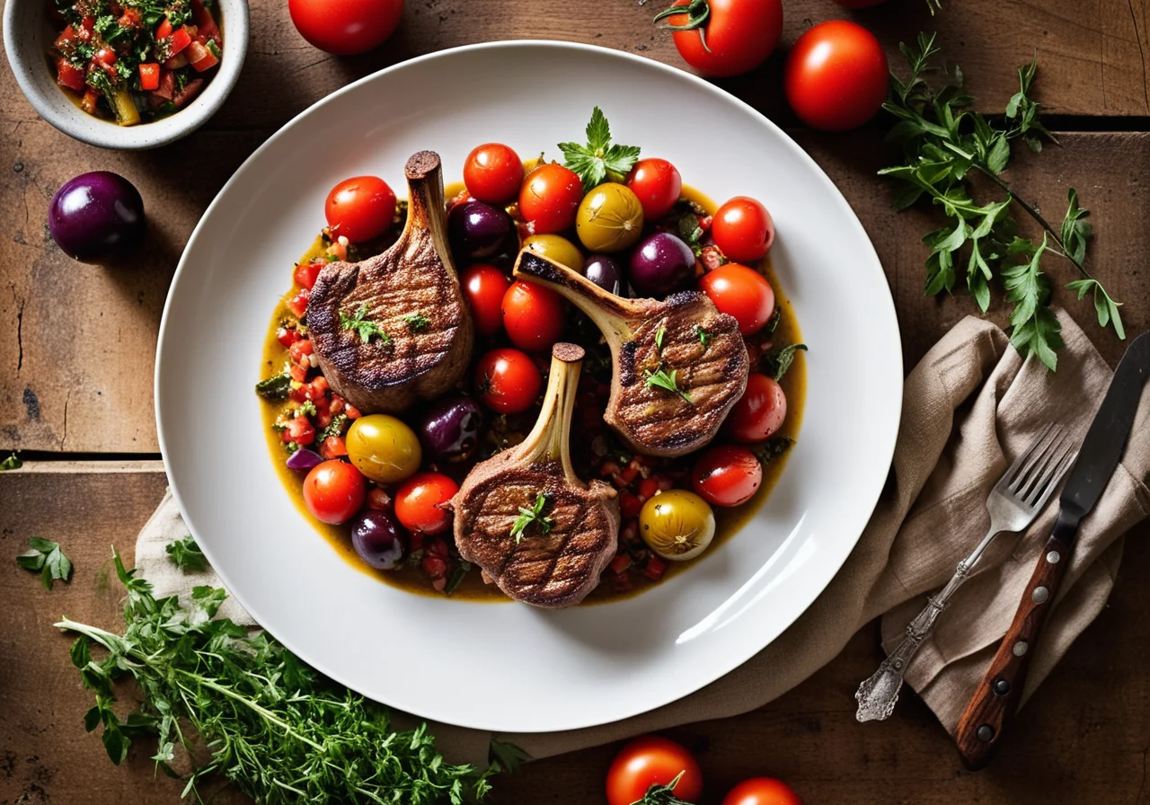 Grilled Lamb Chops with Tomatoes and Olives