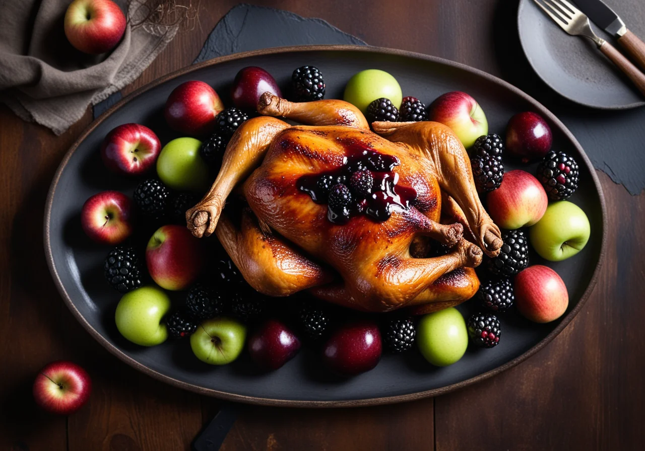 Roasted Game Chickens with Apples and Blackberries