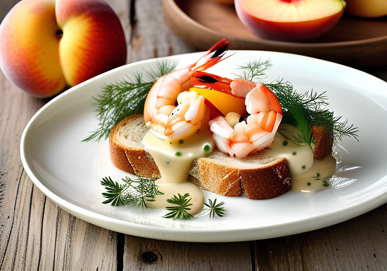 English Shrimp Starter with Peach Toast and Cucumber Salad