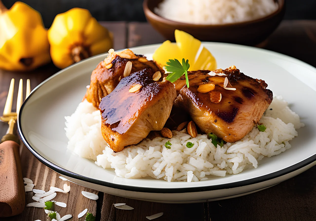 Indian Oven Chicken on Coconut Rice with Fried Pineapple