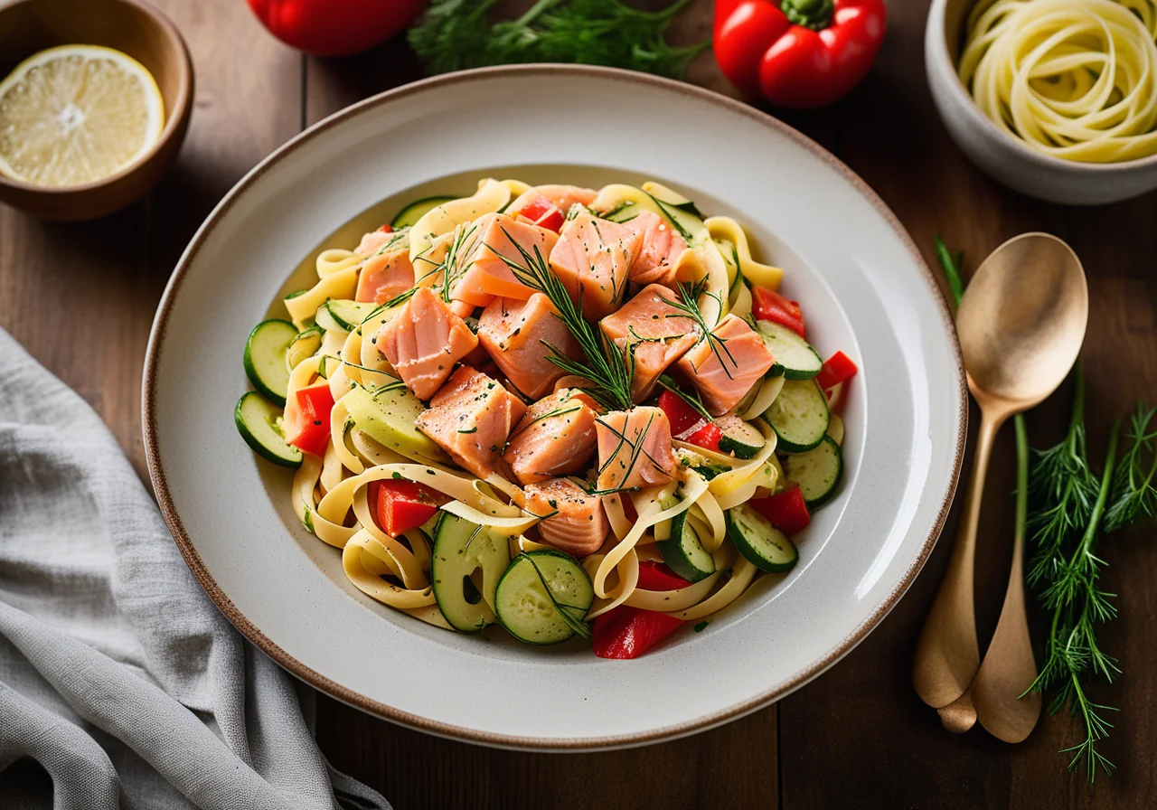 Pasta with Salmon Fillet, Carrots and Zucchini