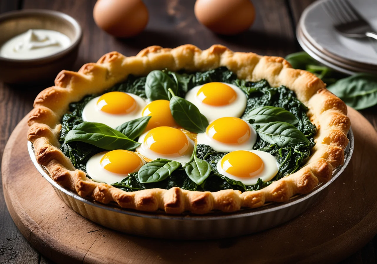 Shortcrust Pie with Ground Beef, Spinach and Quail Fried Eggs