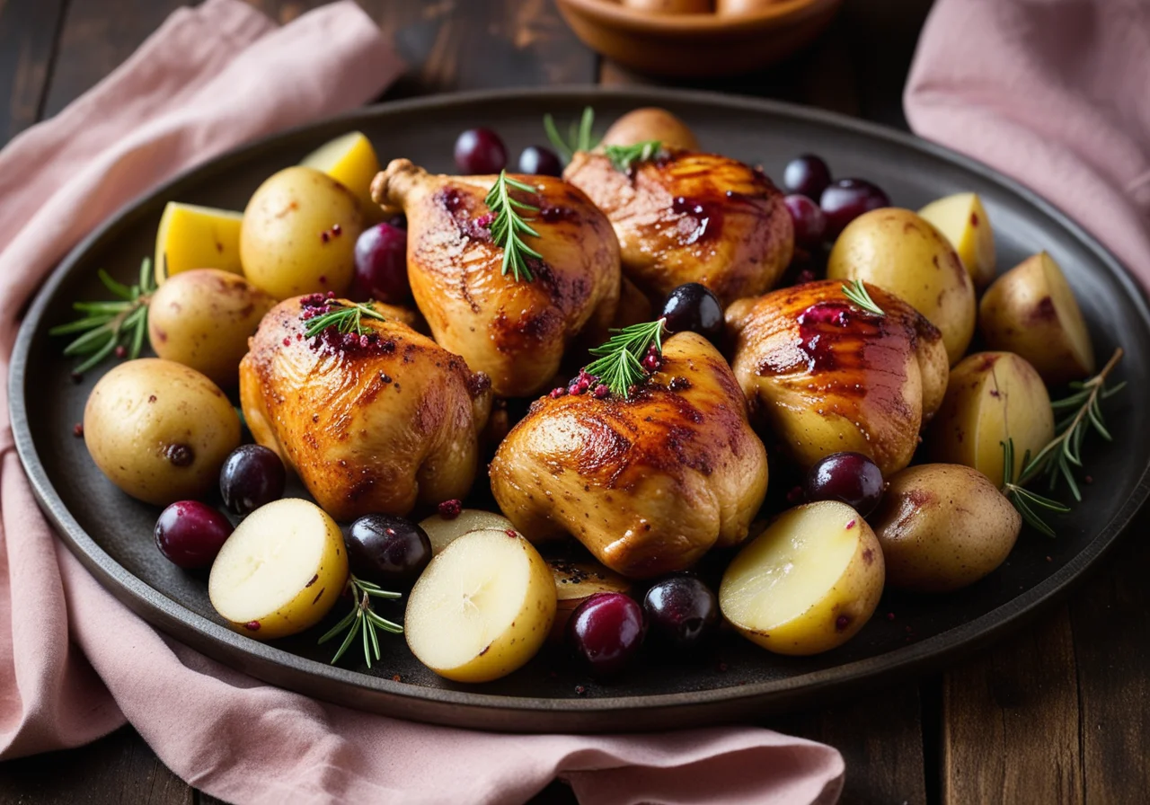 Baked Chicken Thighs on Potatoes and Grapes