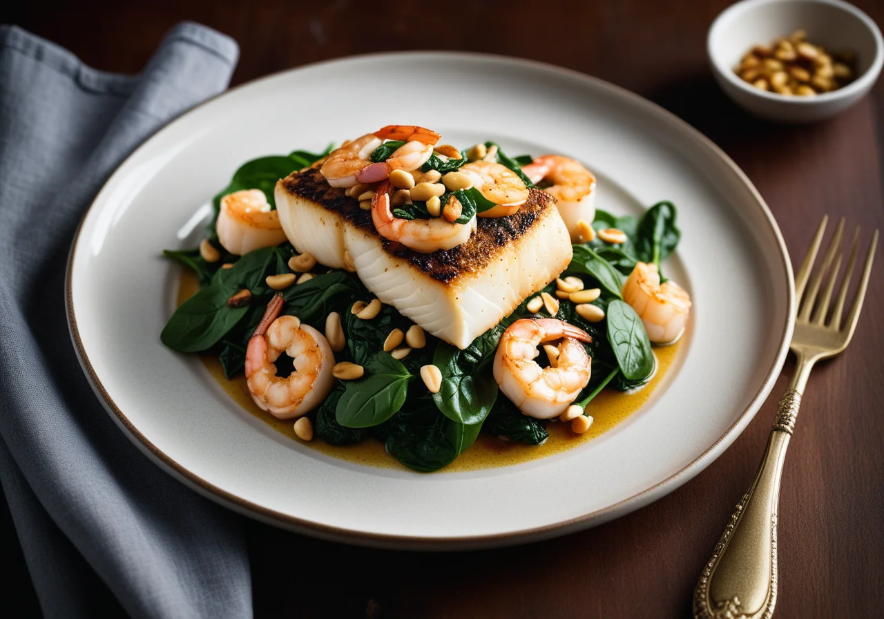 Cod with Shrimp on Spinach