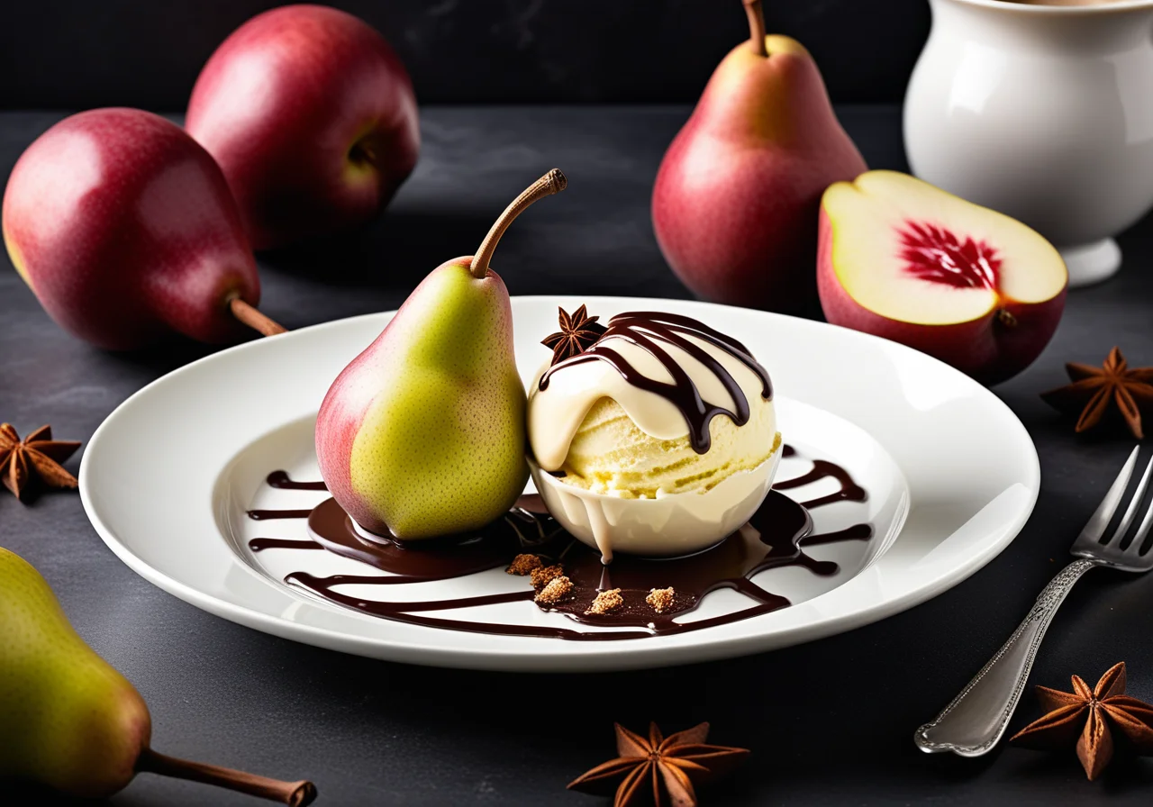 Poached Pears with Ice Cream