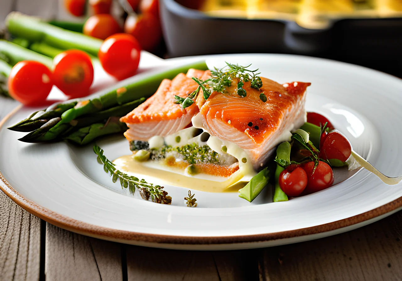 Salmon Lasagna with Gorgonzola, Asparagus and Tomatoes