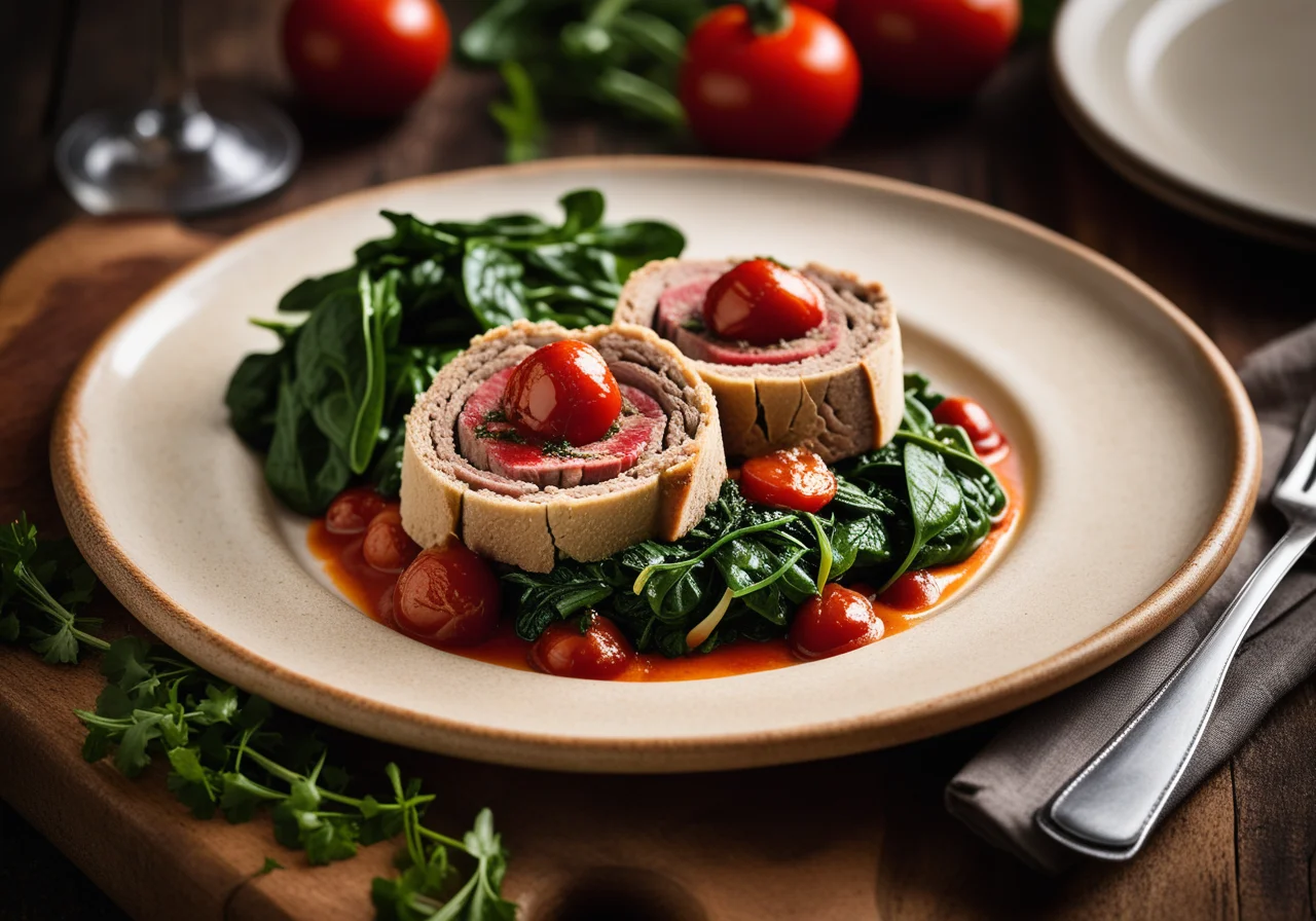 Veal Roulades with Spinach and Tomato Vegetables