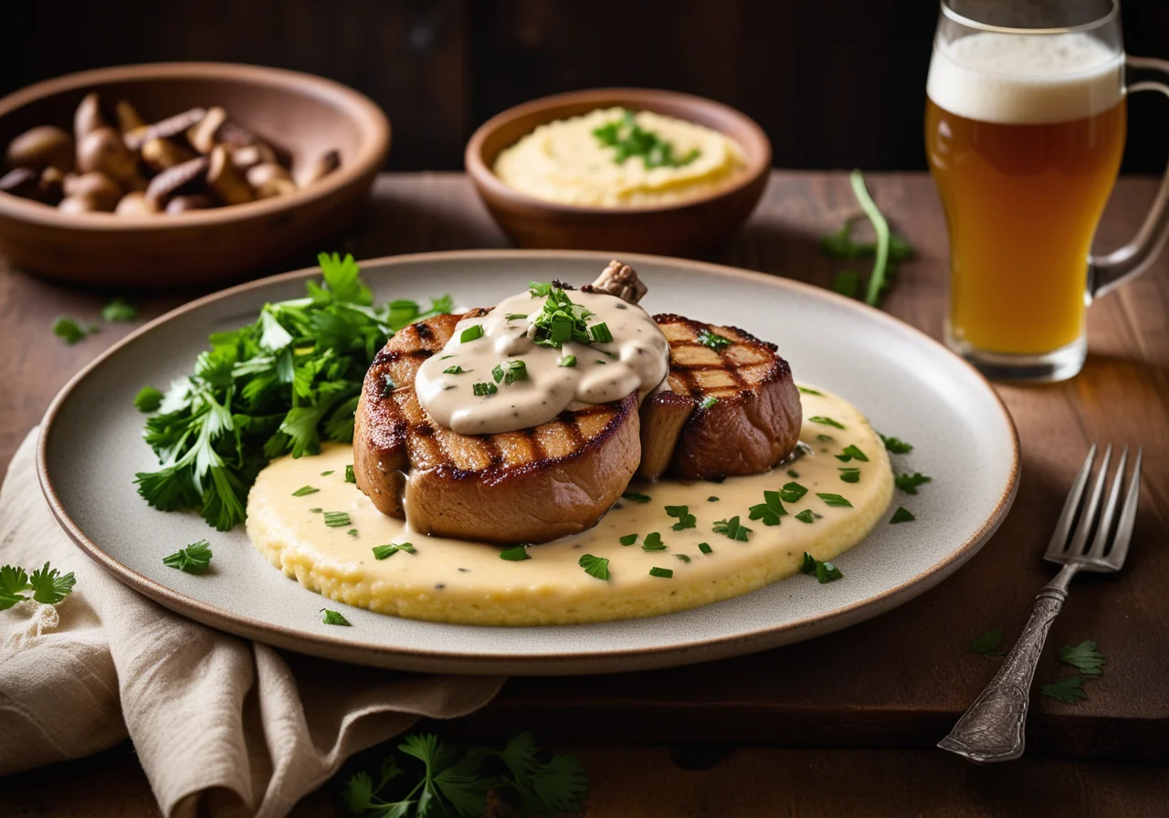 Spit Pork Chops with Beer Sauce, Mushrooms and Corn Polenta