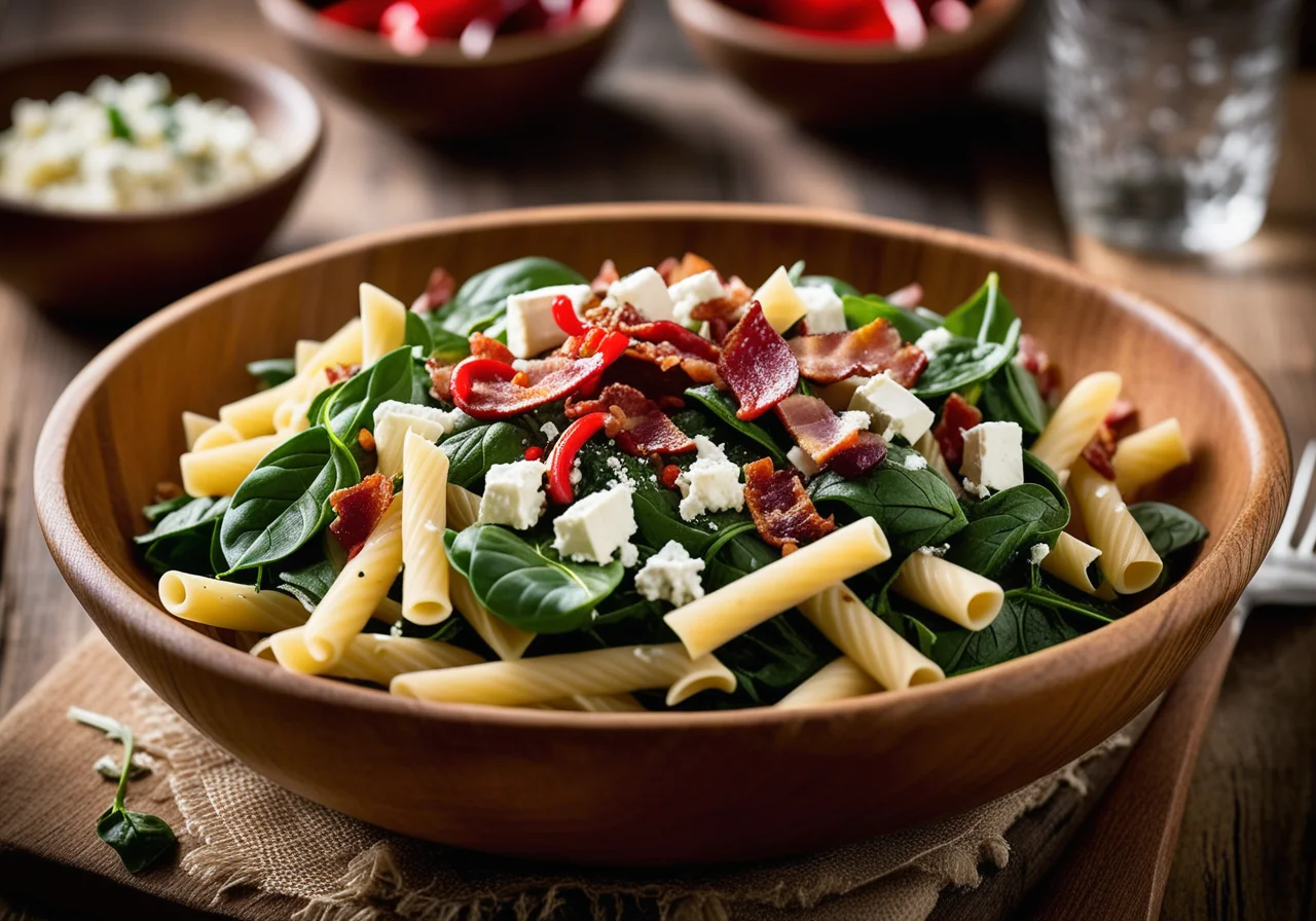 Pasta with Spinach, Sheep Cheese and Bacon