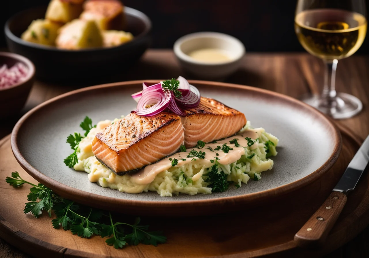 Salmon with Savoy Cabbage Cap on Noodles