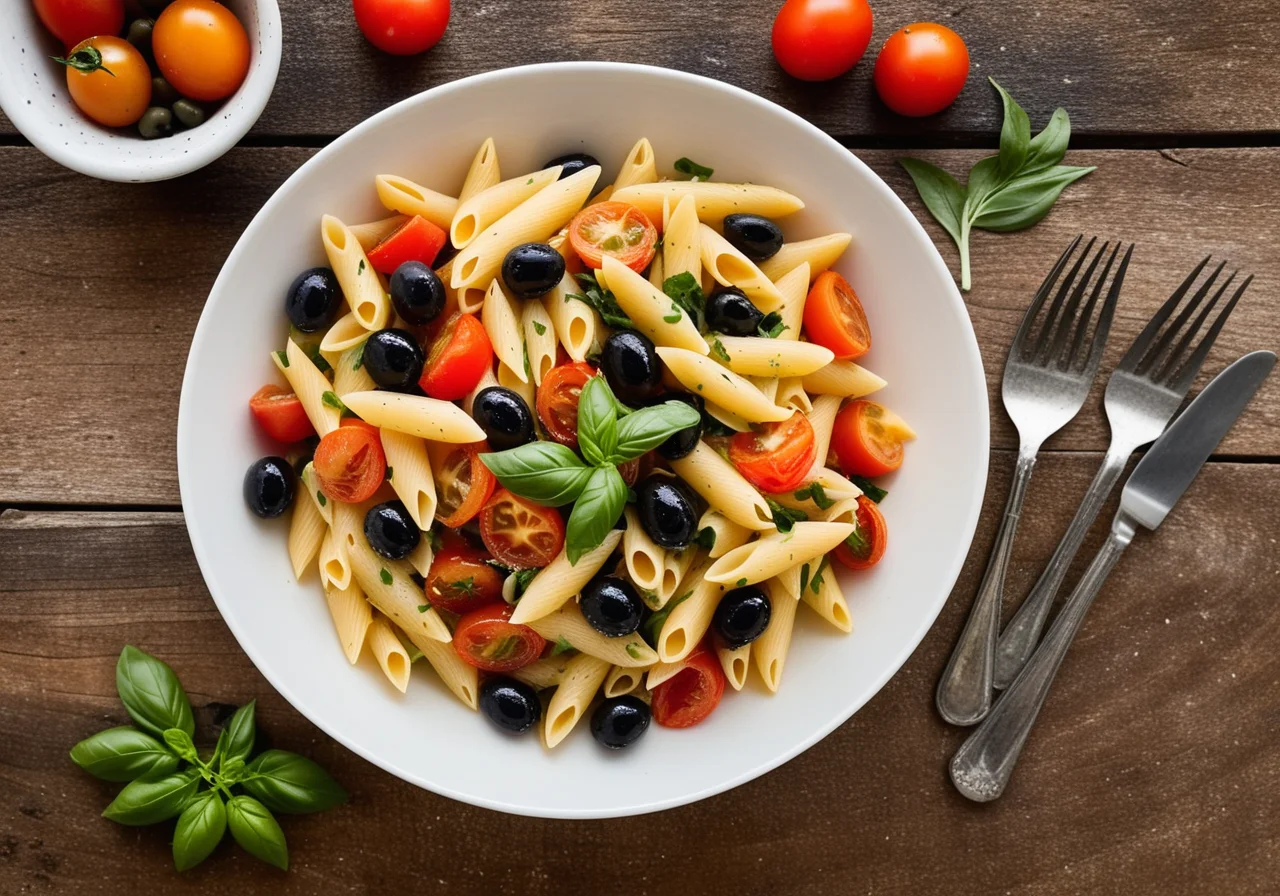 Pasta Salad with Olives, Tomatoes and Basil Leaves