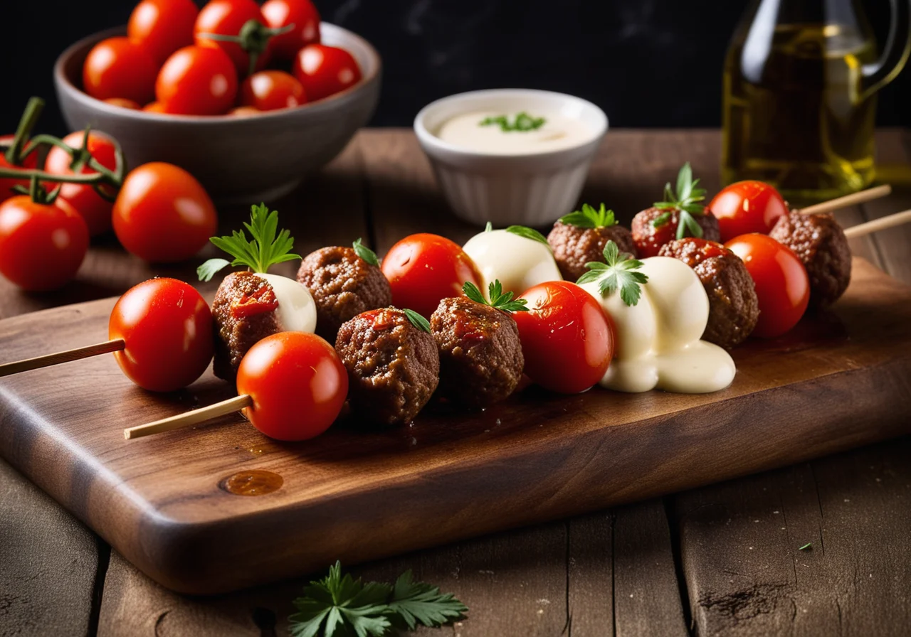 Ground Meat Skewers with Tomato and Mozzarella for Soccer Game