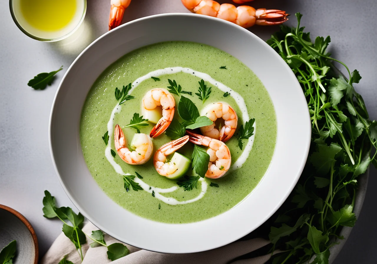 Arugula Cucumber Soup with Shrimp