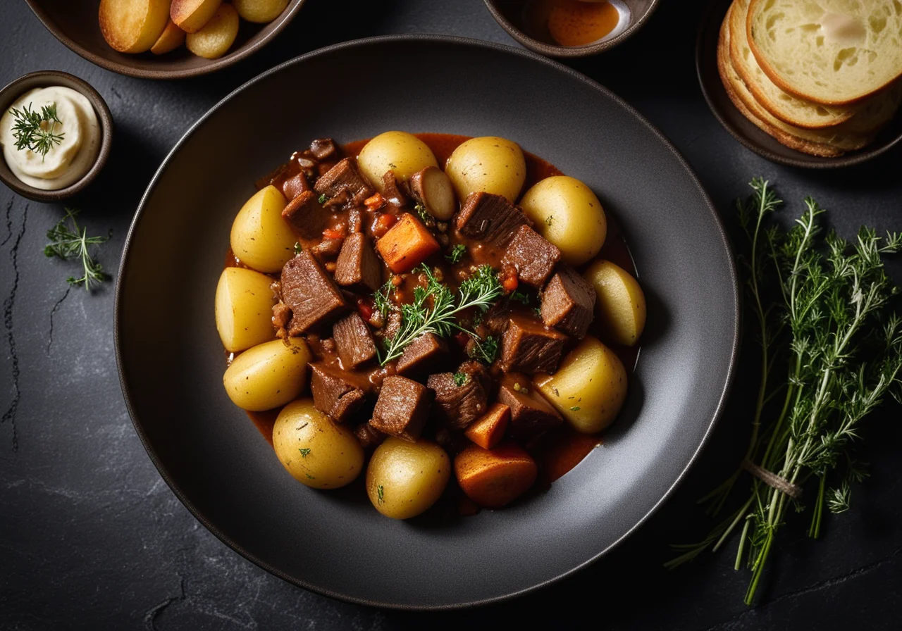 Goat goulash with leek roll and assorted mushrooms
