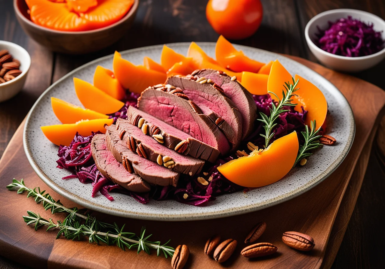 Roast Beef with Persimmon Red Cabbage Salad