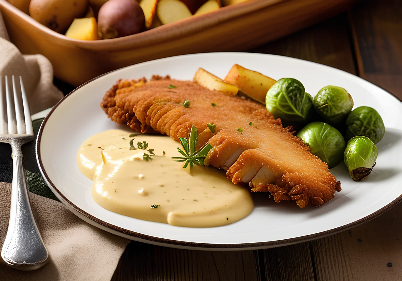 Turkey Schnitzel with Brussels Sprouts and Potato-Cheese Sticks
