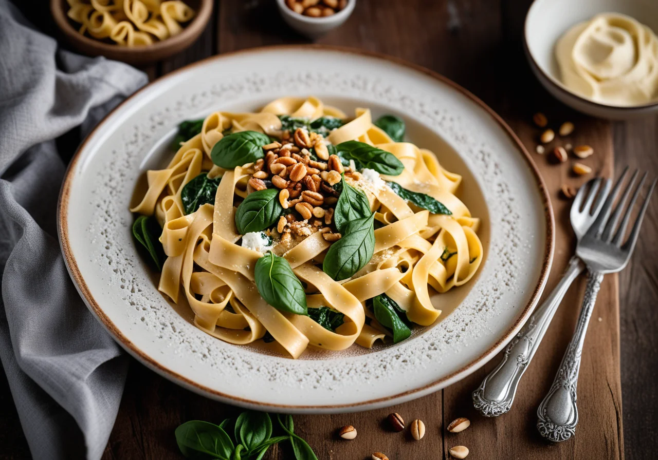 Tagliatelle with Cream Cheese, Spinach and Pine Nuts