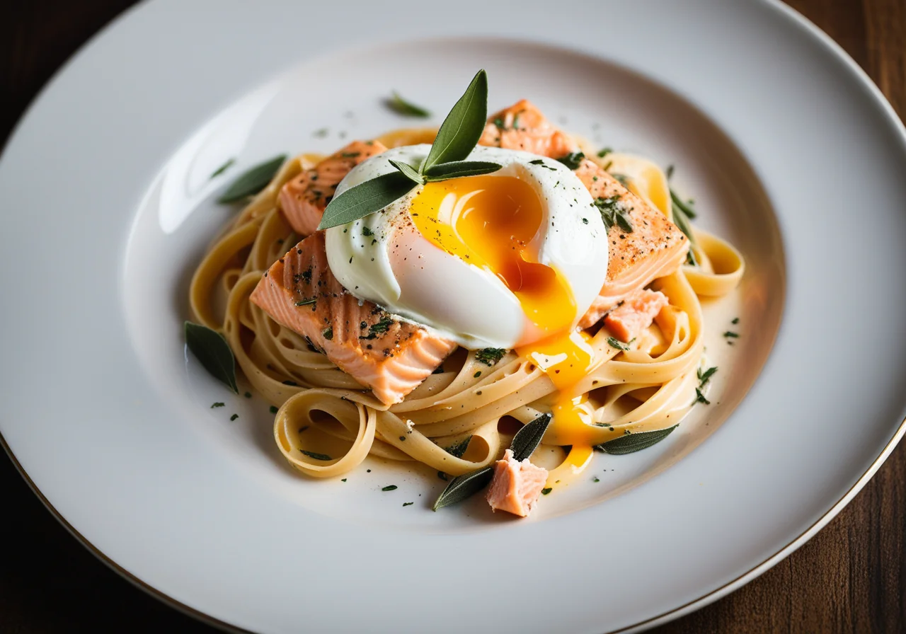 Pasta with Salmon, Poached Egg and Sage
