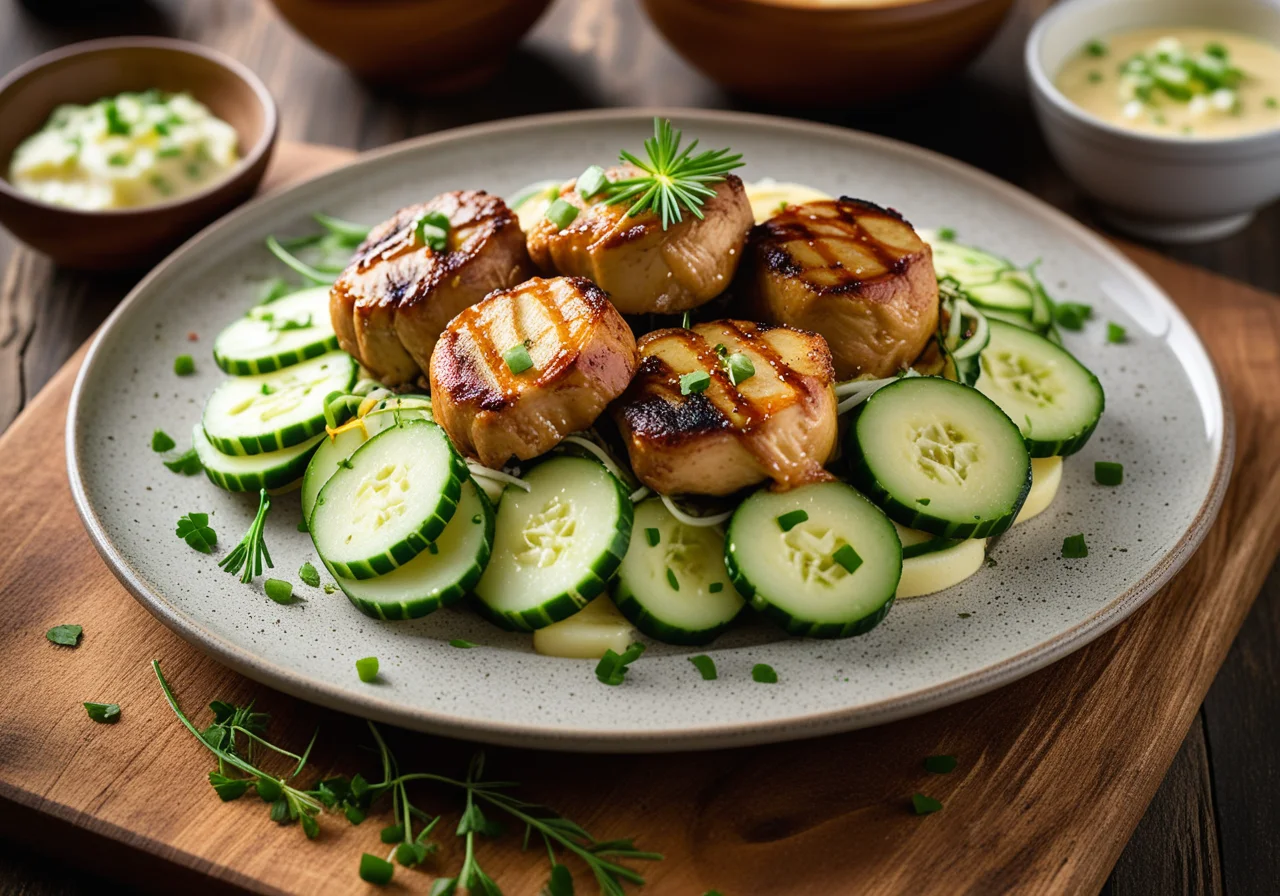 Marinated Chicken Thighs on Potato-Cucumber Salad