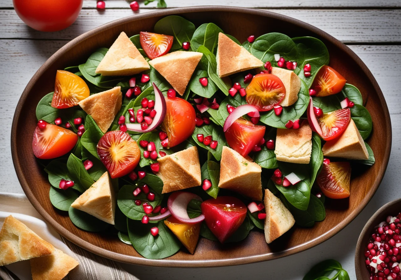 Fattoush with Spinach and Pomegranate Seeds